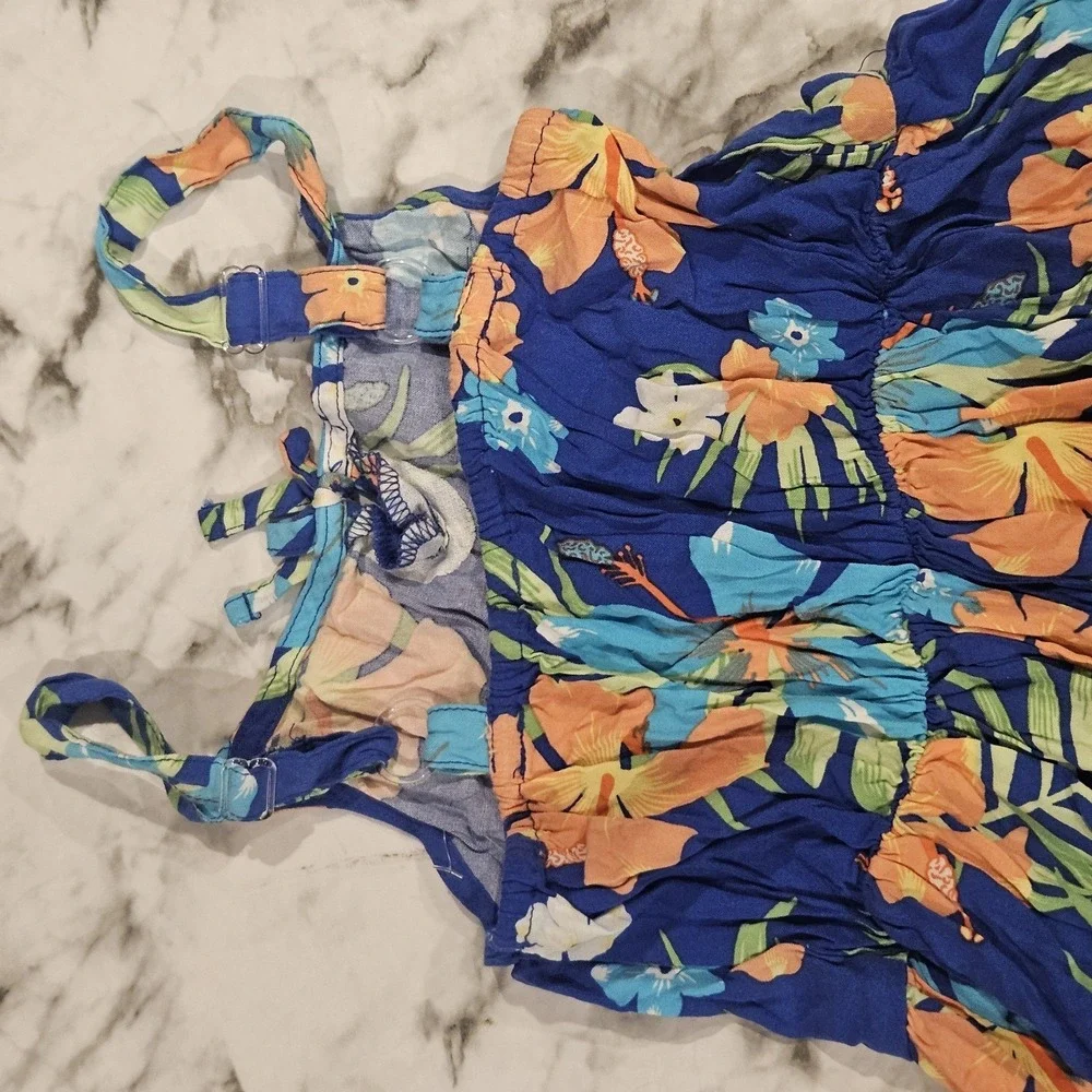 The Children's Place Girls 7/8‎ Tropical Floral Dress Blue Adjustable Straps